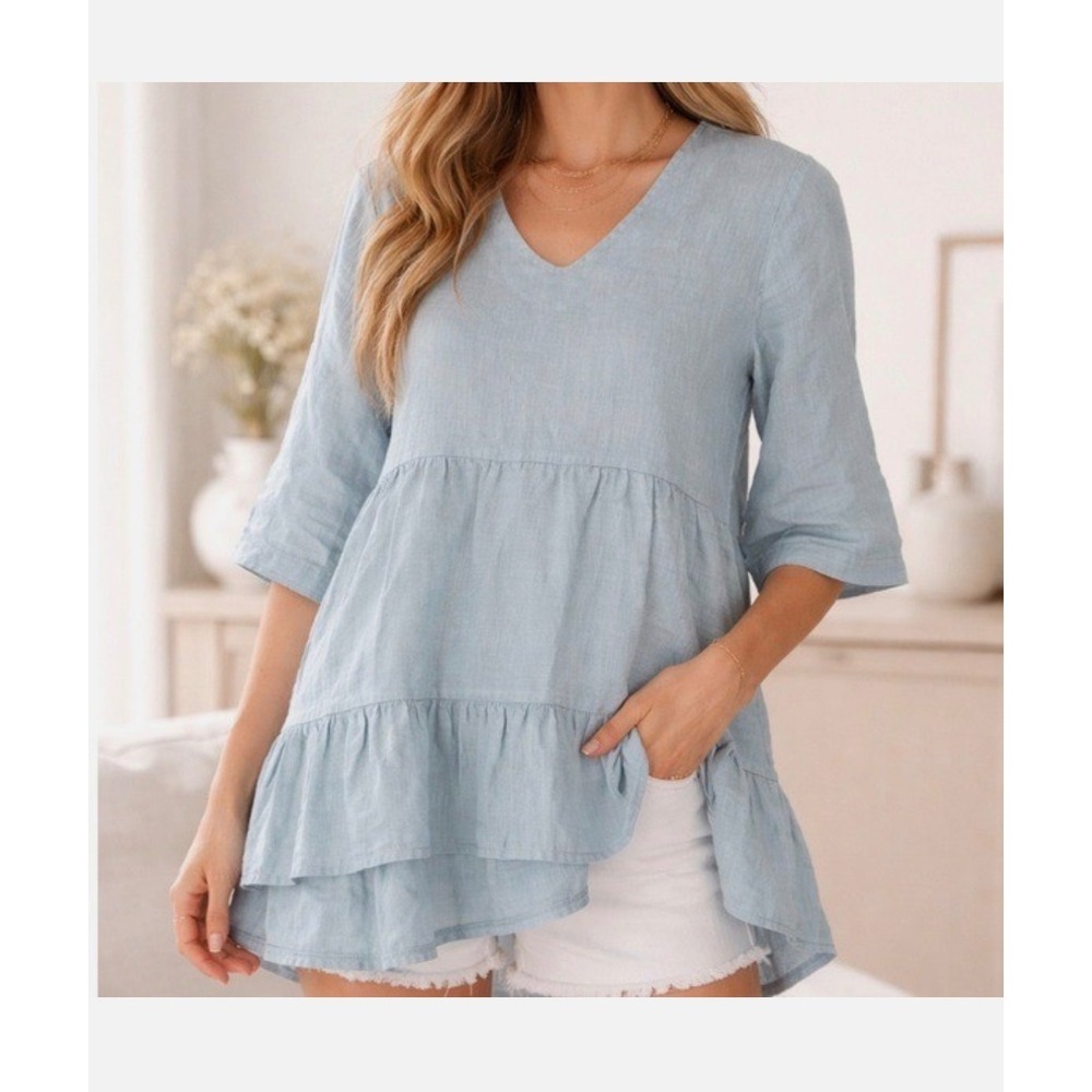Laura Bianchi Italy NEW Blue 100% Linen Babydoll Coastal Tunic Top S‎ Lagenlook